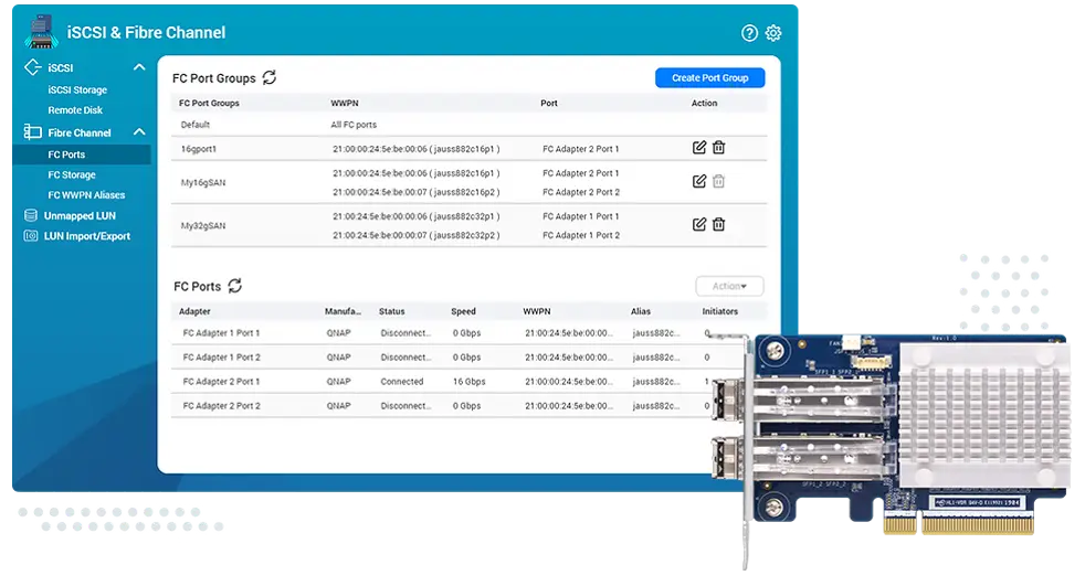 Interfaz de configuración de iSCSI y Fibre Channel de QNAP y tarjeta de expansión